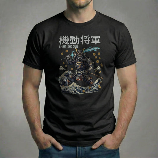 Male model wearing the 8-Bit Shogun Tee on a black Bella + Canvas 3001 shirt