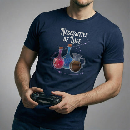 Man wearing a navy Necessities of Life T-shirt holding a game controller