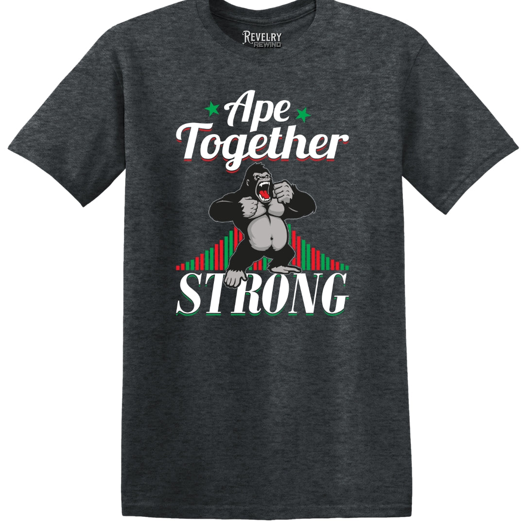 Flat lay of Ape Together Strong design on dark heather t-shirt