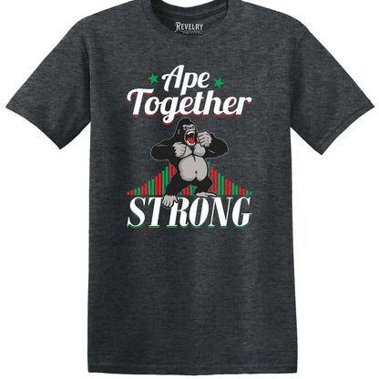 Flat lay of Ape Together Strong design on dark heather t-shirt
