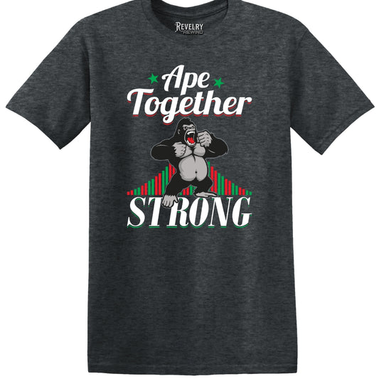 Flat lay of Ape Together Strong design on dark heather t-shirt