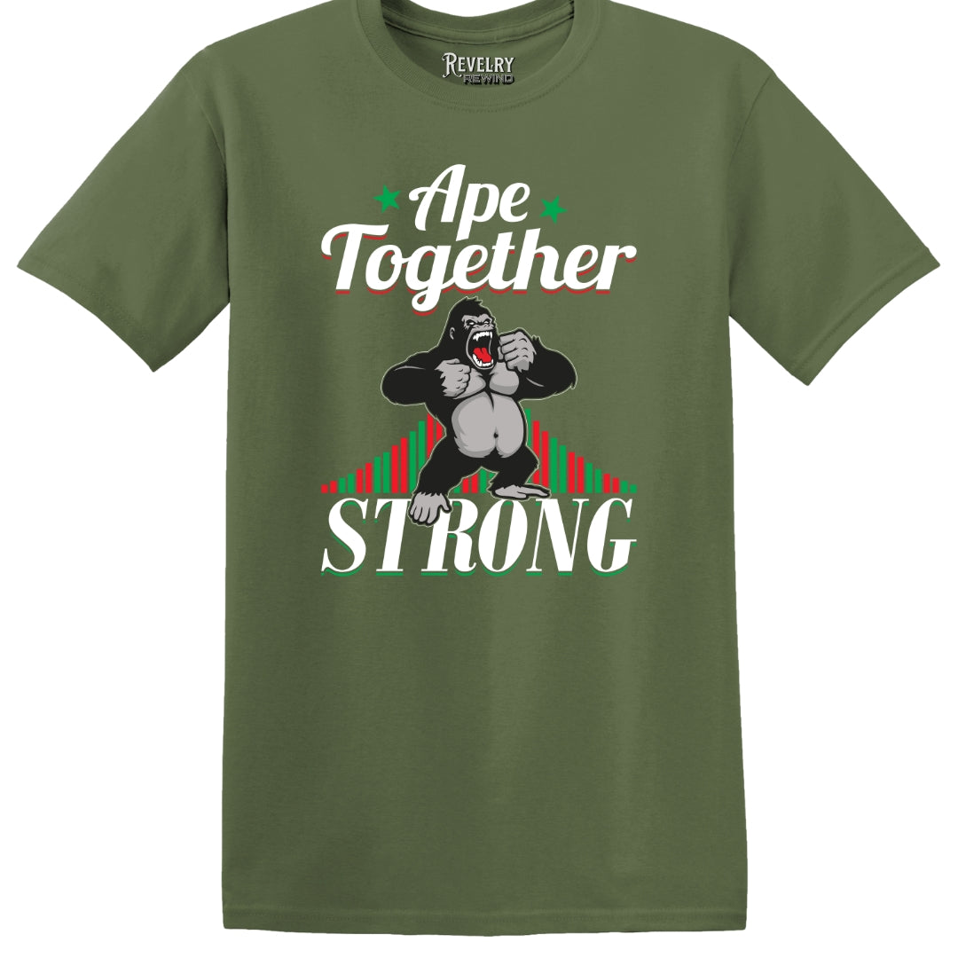 Flat lay of Ape Together Strong design on military green t-shirt