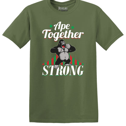 Flat lay of Ape Together Strong design on military green t-shirt