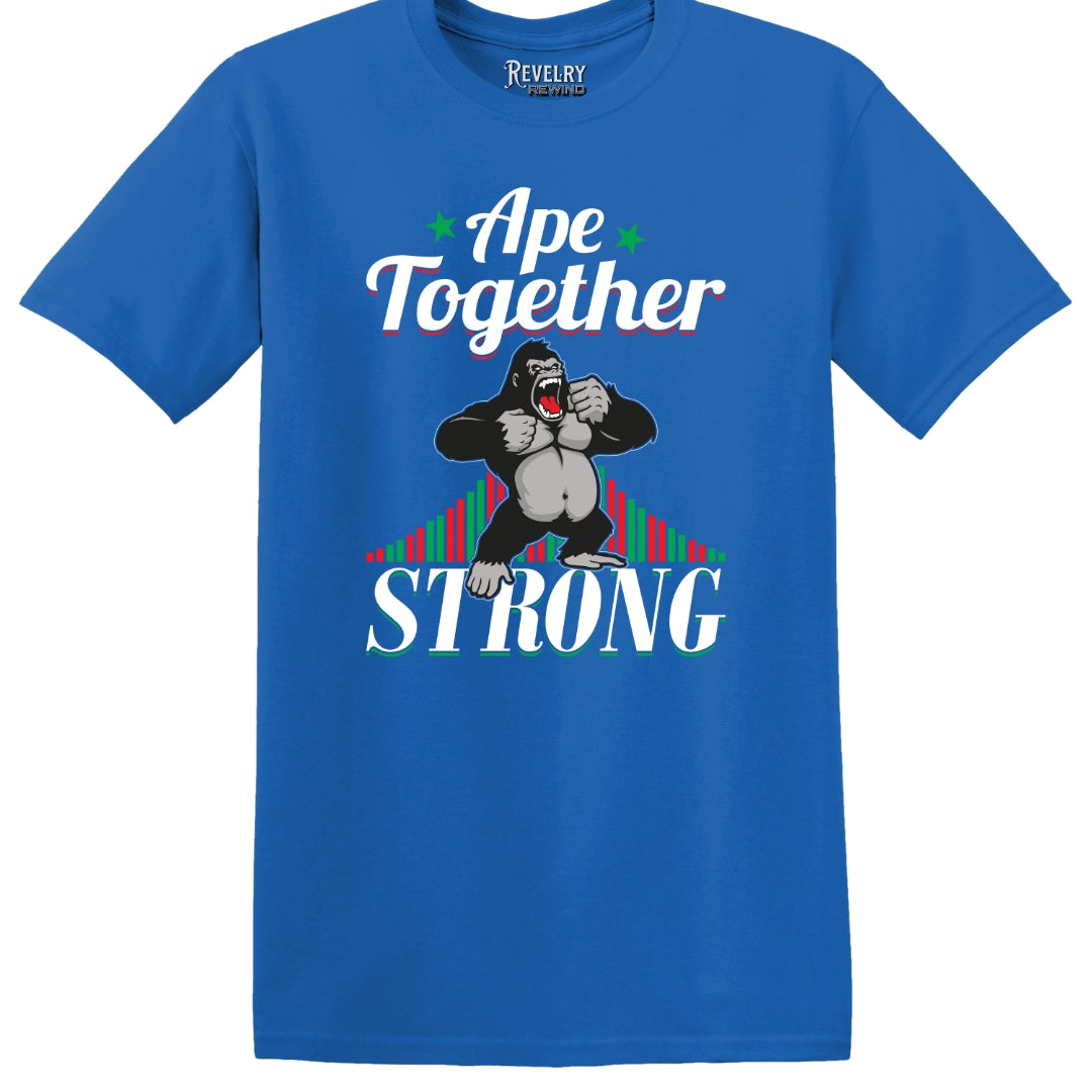 Flat lay of Ape Together Strong design on royal t-shirt