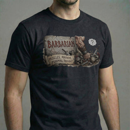 Model wearing a black t-shirt with a funny Barbarian RPG design featuring a stone slab, a muscular arm, and a thought bubble with a question mark.