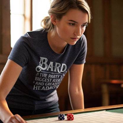 Bard T-shirt on female model leaning over dice game – Heather Navy