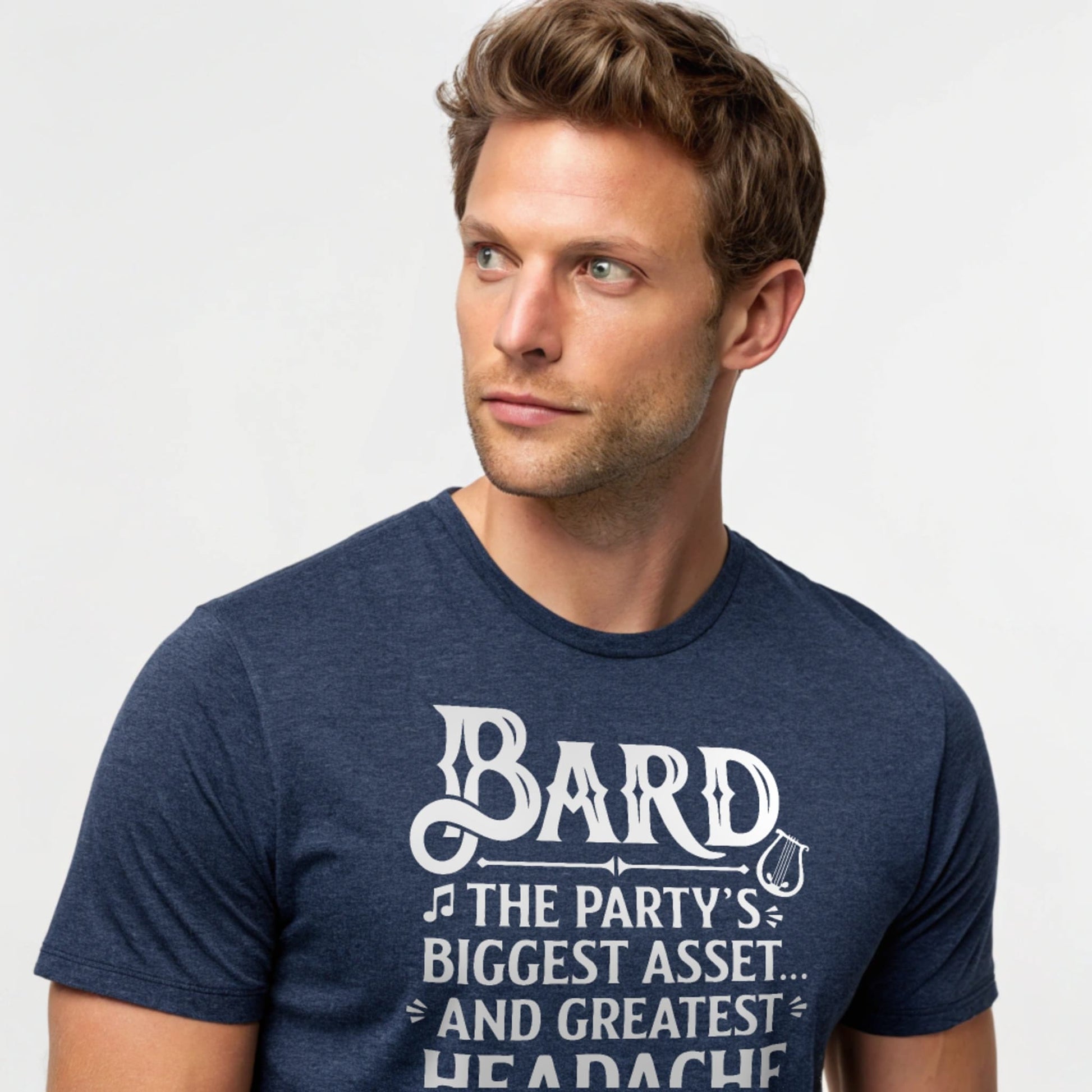 Bard T-shirt on male model in Heather Navy – mockup