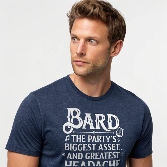 Bard T-shirt on male model in Heather Navy – mockup