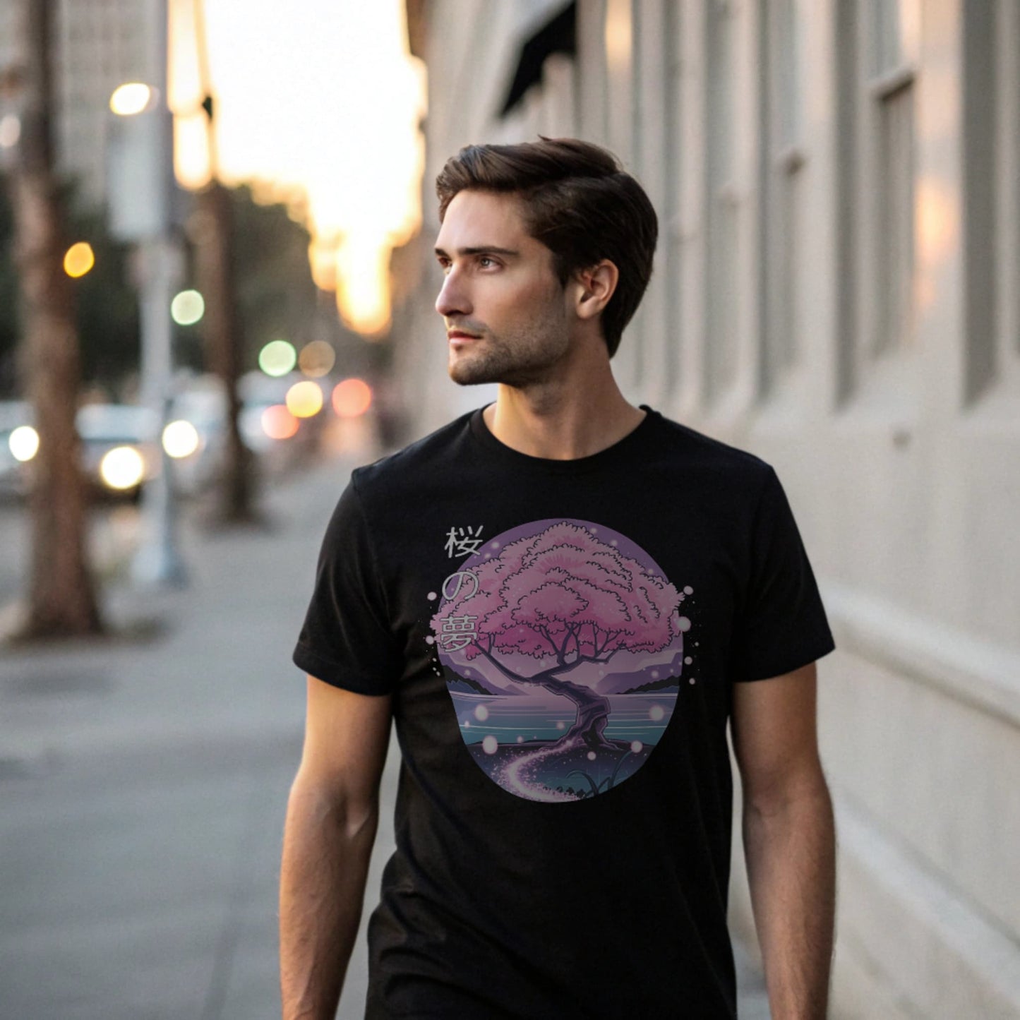 Male model seated at an outdoor café table wearing a black crew-neck t-shirt with pink cherry-tree graphic, lifestyle café shot.