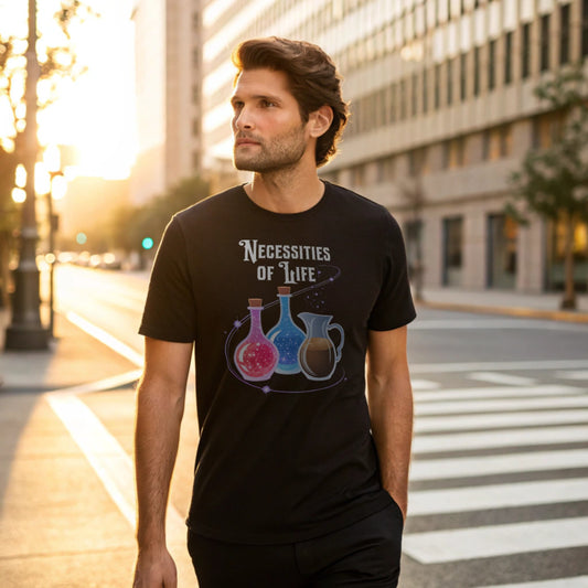 Male model strolling an urban street in a black crew-neck t-shirt with “Necessities of Life” potion graphic, lifestyle shot.