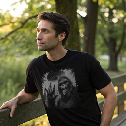 Male model leaning against a wooden bench wearing a black crew-neck t-shirt featuring a white silhouette of Sasquatch raising its hand graphic, lifestyle park shot.
