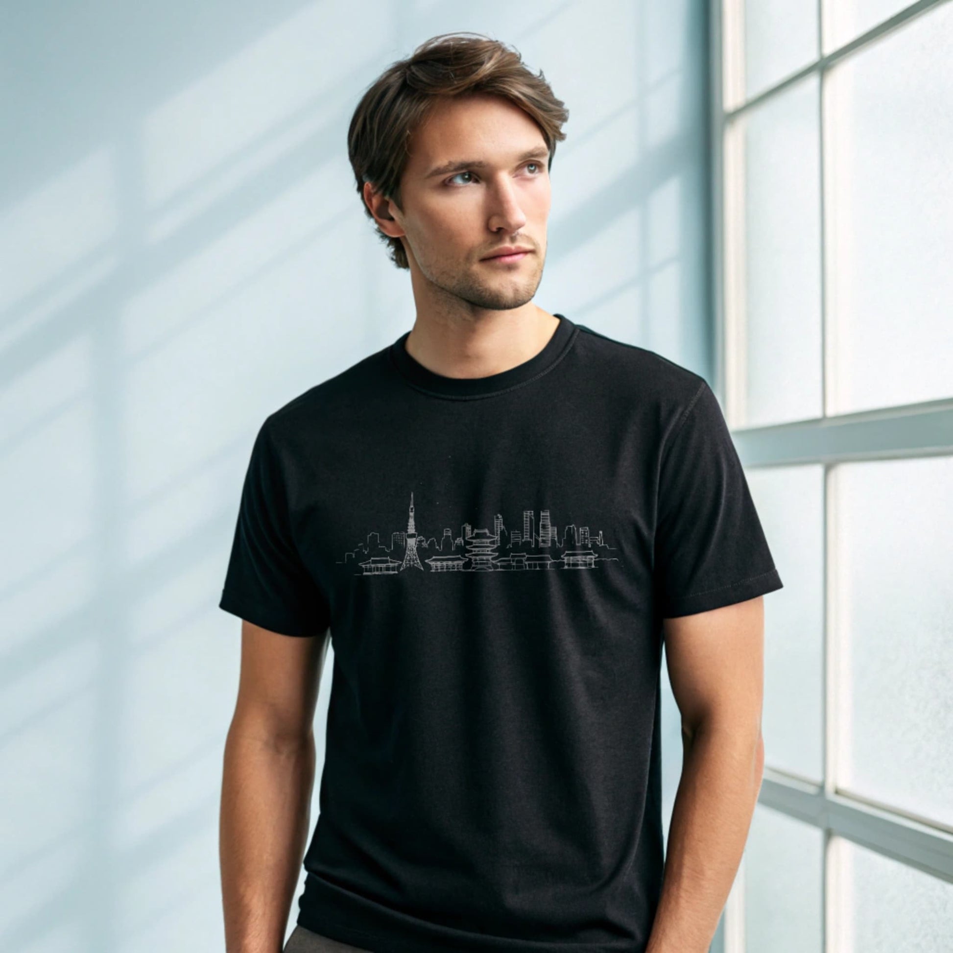 Male model wearing a black crew-neck t-shirt with a white city skyline graphic, studio shot on a smooth pale-blue background.