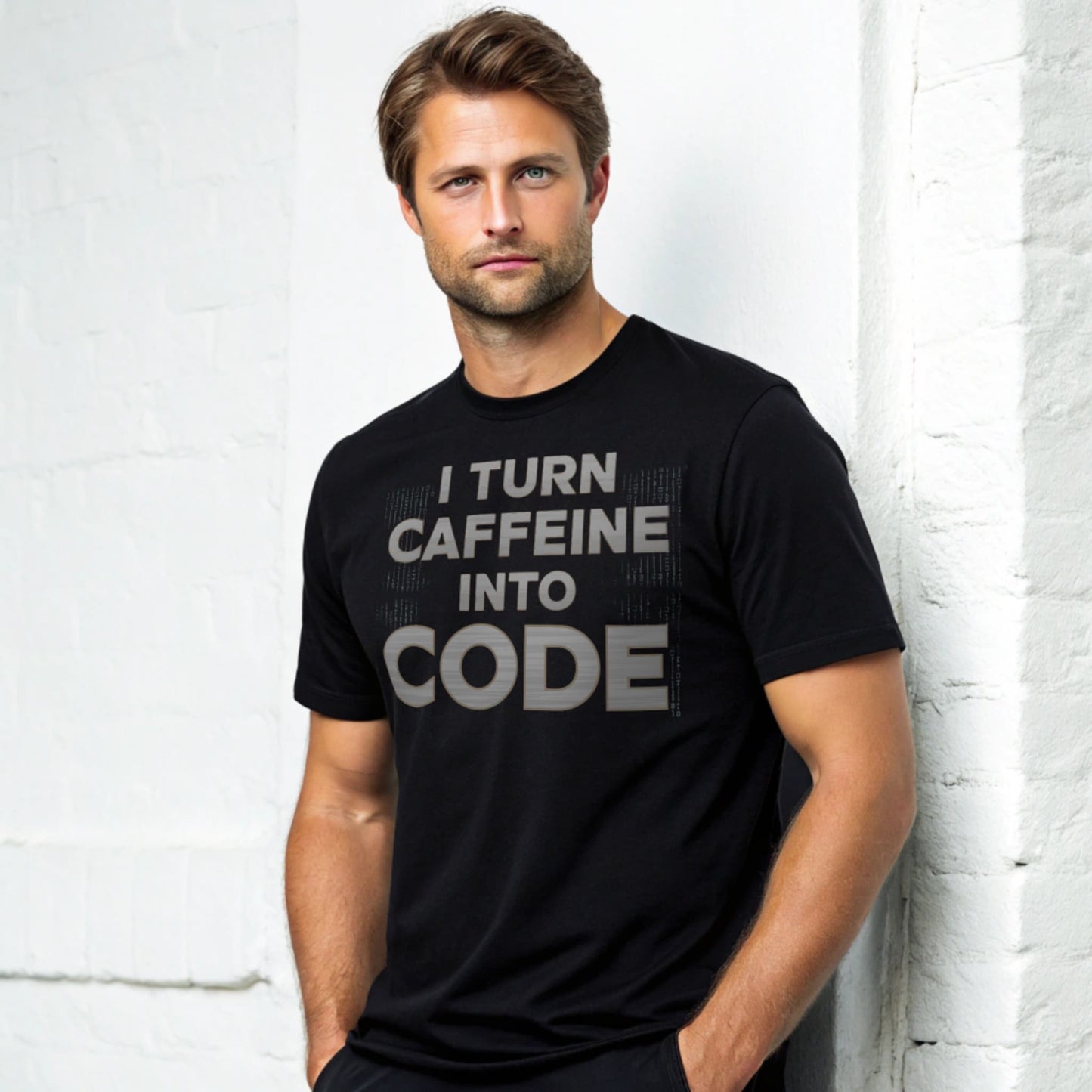 Hyper-realistic mockup of a 25–40-year-old man wearing a plain Gildan 64000 crew-neck black t-shirt (no graphics) leaning against a white brick wall.