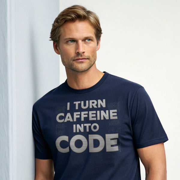 Hyper-realistic mockup of a 25–40-year-old man wearing a plain Gildan 64000 crew-neck navy t-shirt (no graphics) standing face-on against a light-gray backdrop.