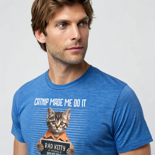 Heather Royal studio mockup of Catnip Made Me Do It T-Shirt on a male model, front view, natural eyes, plain crew neck