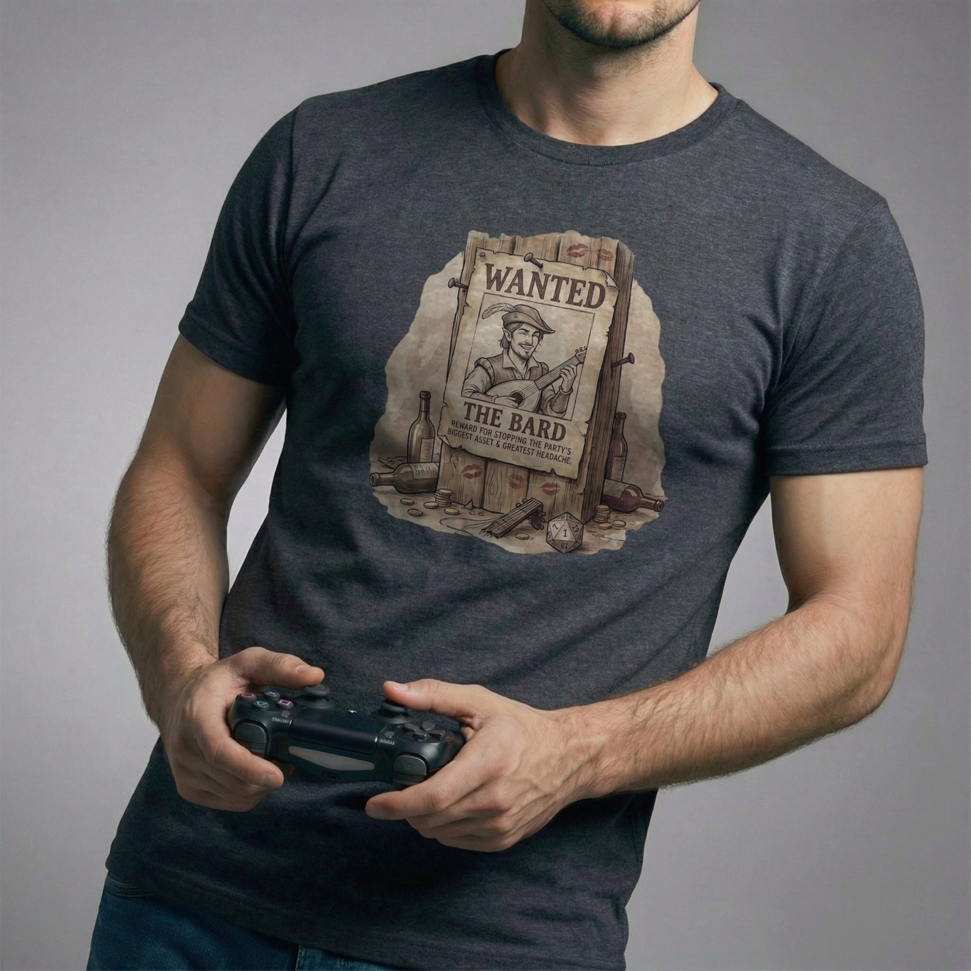 Dark grey heather t-shirt with a distressed ink illustration of a Bard's wanted poster, perfect for chaotic D&D players.