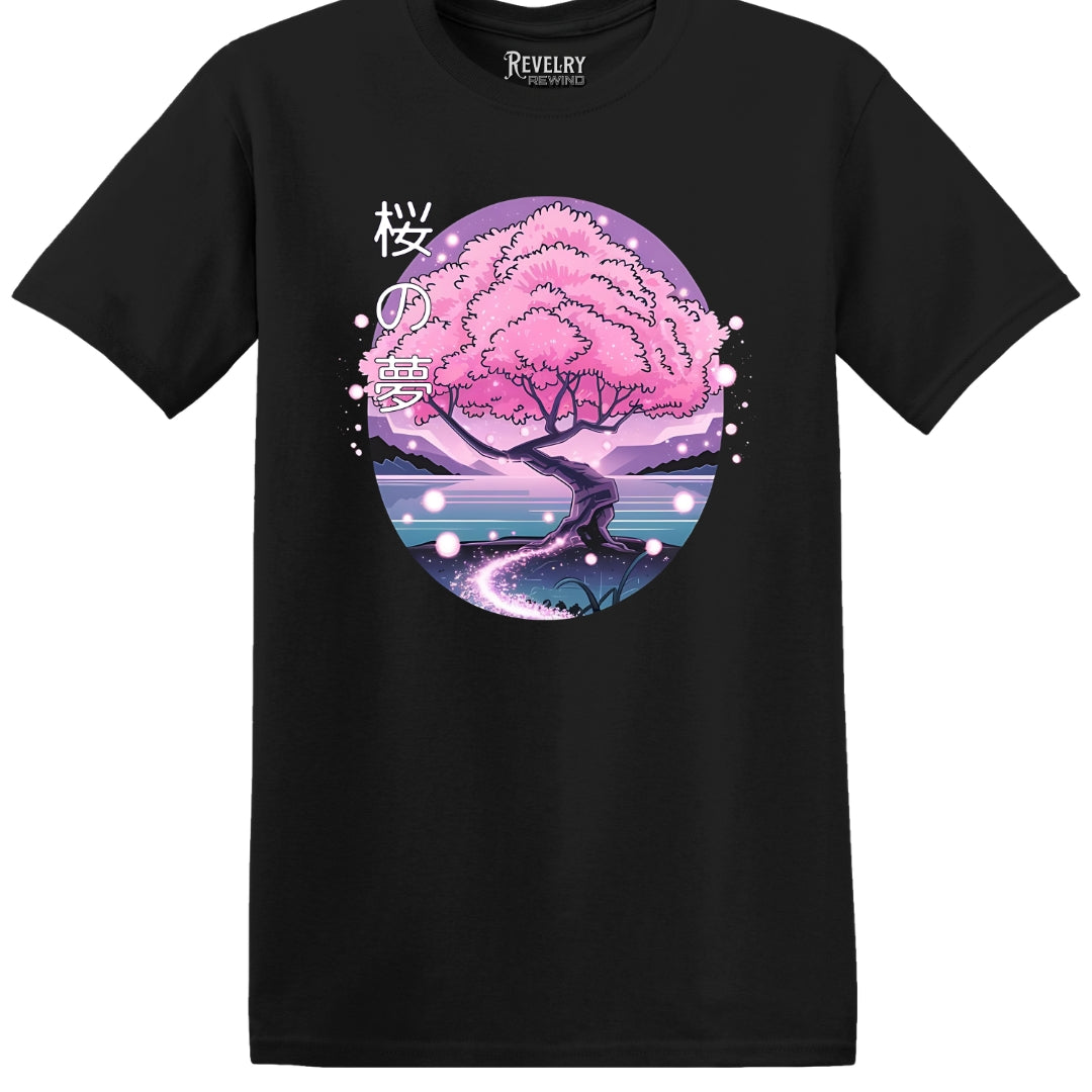 Flat lay of Cherry Blossom Dream design on black t-shirt