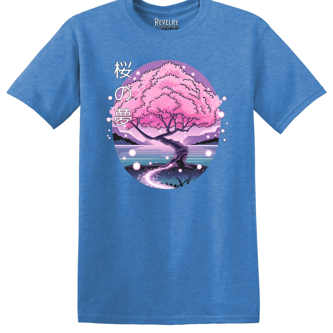 Flat lay of Cherry Blossom Dream design on heather royal t-shirt