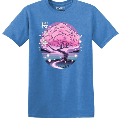 Flat lay of Cherry Blossom Dream design on heather royal t-shirt