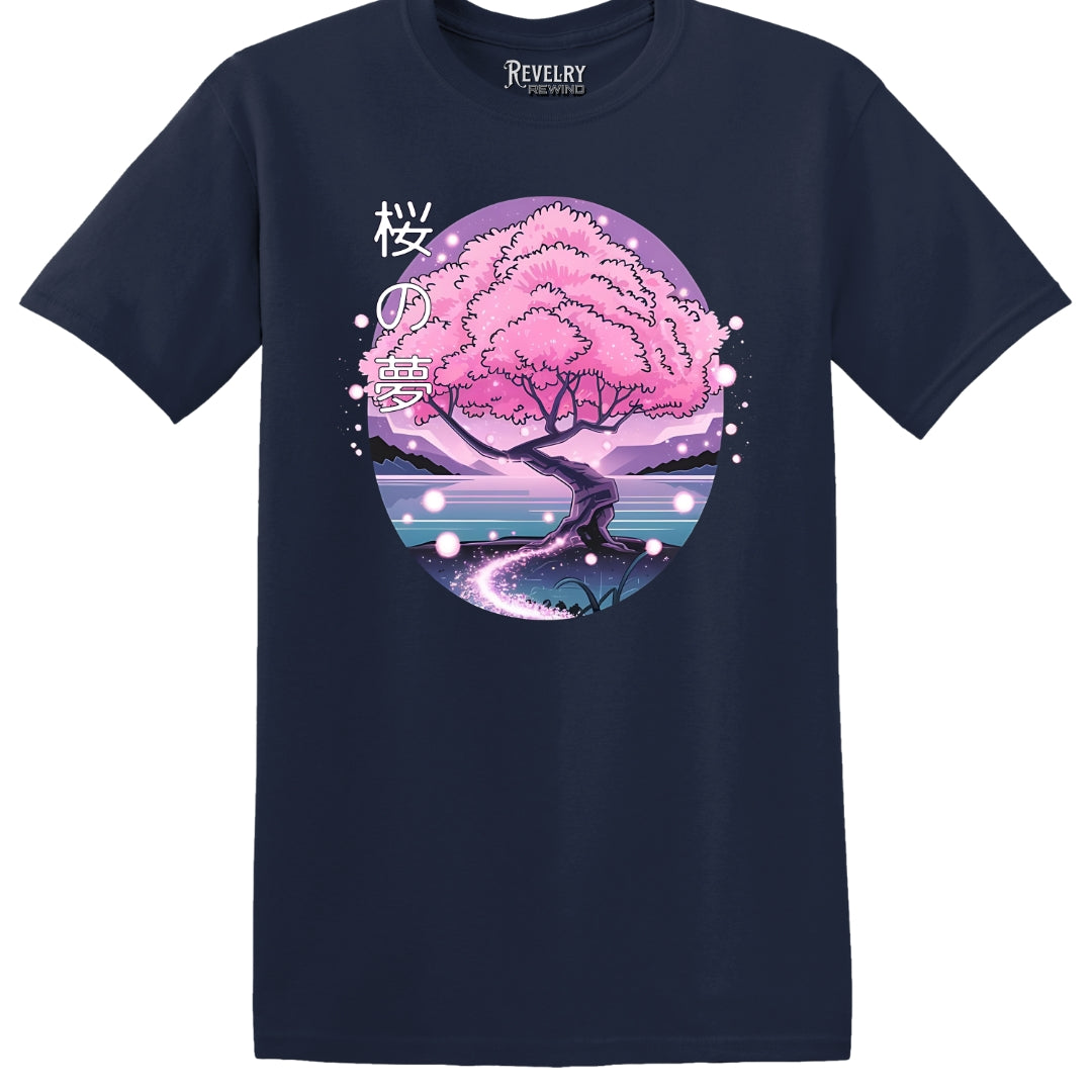 Flat lay of Cherry Blossom Dream design on navy t-shirt