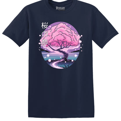 Flat lay of Cherry Blossom Dream design on navy t-shirt