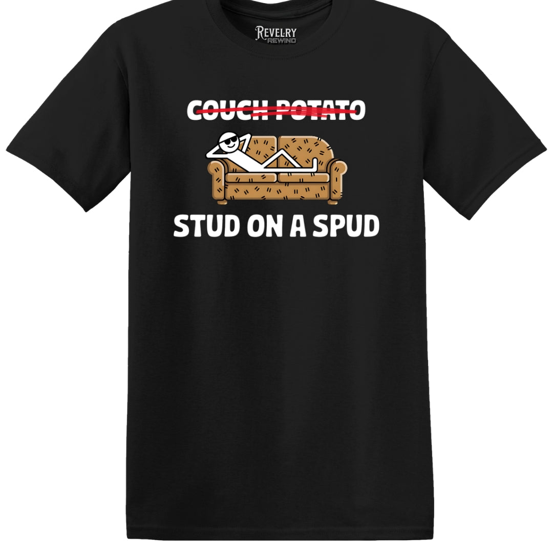 Flat lay of Couch Potato Stud on a Spud design on black t-shirt