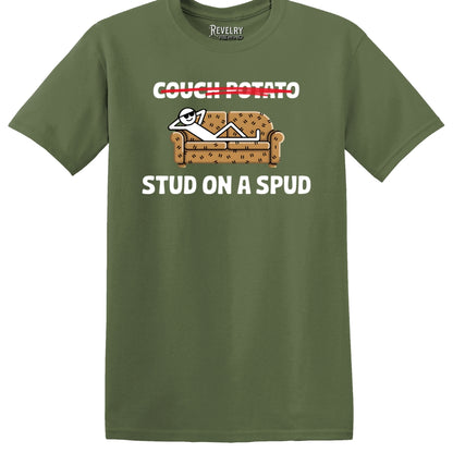 Flat lay of Couch Potato Stud on a Spud design on military green t-shirt