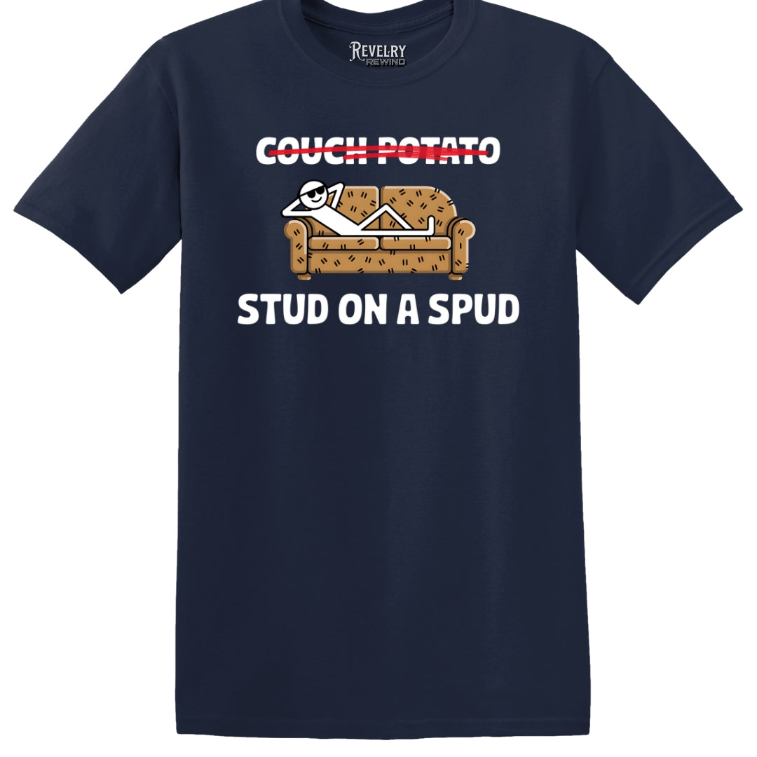 Flat lay of Couch Potato Stud on a Spud design on navy t-shirt