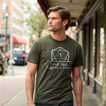 Man outside wearing military green Critical Fail T-shirt, lifestyle mockup