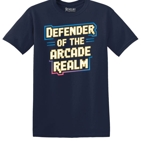 Flat lay of Defender of the Arcade Realm t-shirt in navy blue