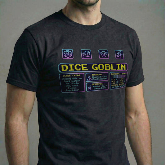 Dice Goblin t-shirt worn by model standing, neon retro gamer UI design centered on chest
