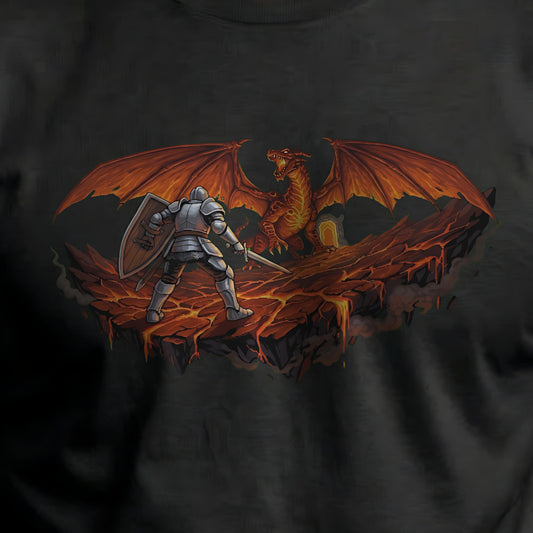Close-up of the dragon battle graphic printed on a black men’s t-shirt