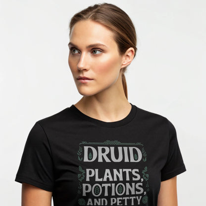 Black studio mockup of Druid Petty Revenge T-Shirt on a female model, front view, natural eyes, plain crew neck