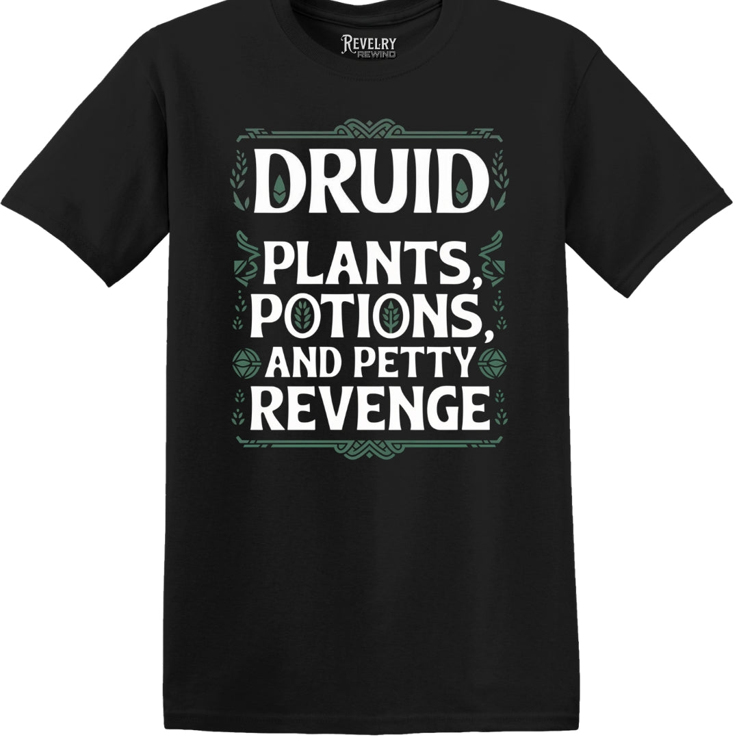 Black flatlay of Druid Petty Revenge T-Shirt with white & sage-green print