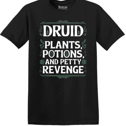 Black flatlay of Druid Petty Revenge T-Shirt with white & sage-green print