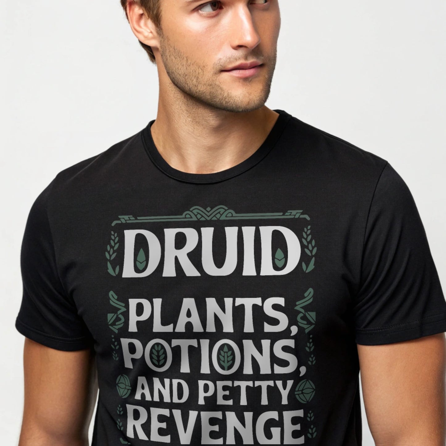 Black studio mockup of Druid Petty Revenge T-Shirt on a male model, front view, natural eyes, plain crew neck