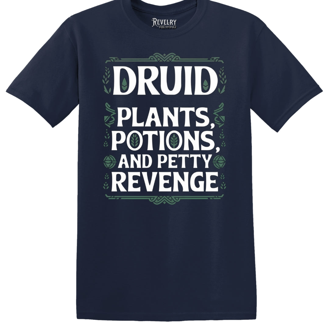 Navy flatlay of Druid Petty Revenge T-Shirt with white & sage-green print