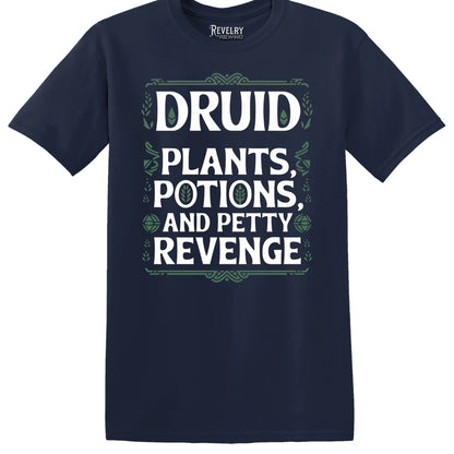 Navy flatlay of Druid Petty Revenge T-Shirt with white & sage-green print