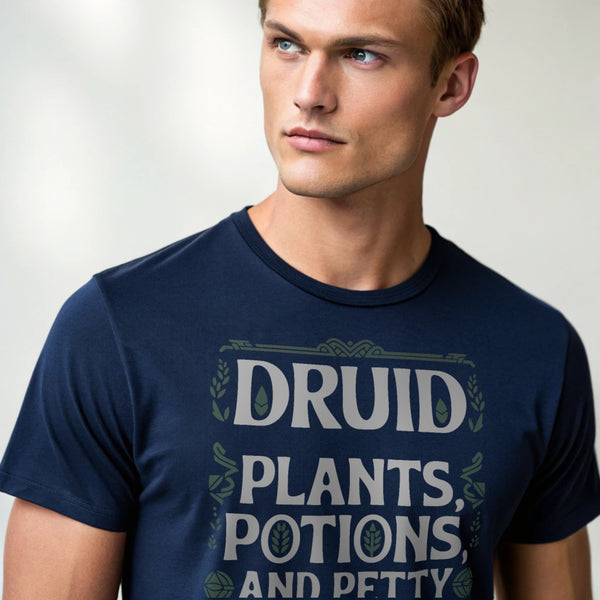Navy studio mockup of Druid Petty Revenge T-Shirt on a male model, front view, natural eyes, plain crew neck