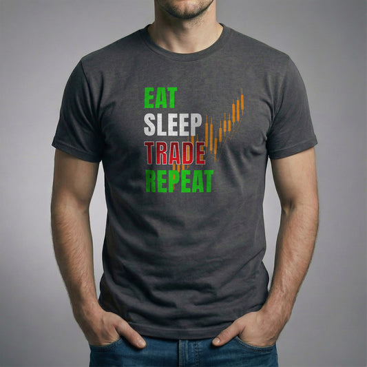 Man wearing dark heather Eat Sleep Trade Repeat T-shirt with hands in pockets