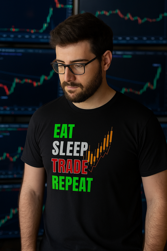 Man wearing Eat Sleep Trade Repeat shirt in realistic setting