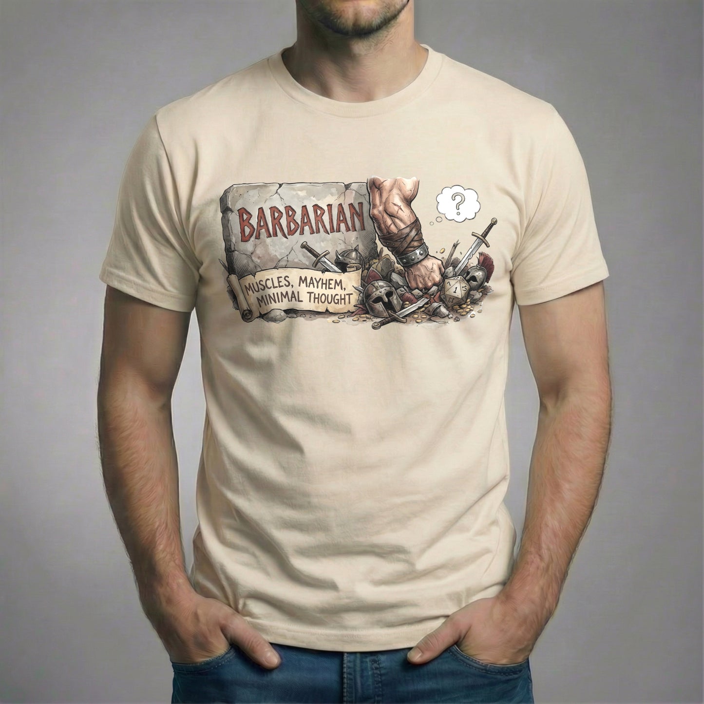 Cream colored t-shirt displaying a vintage-style "Barbarian: Muscles, Mayhem, Minimal Thought" illustration with skulls and swords.