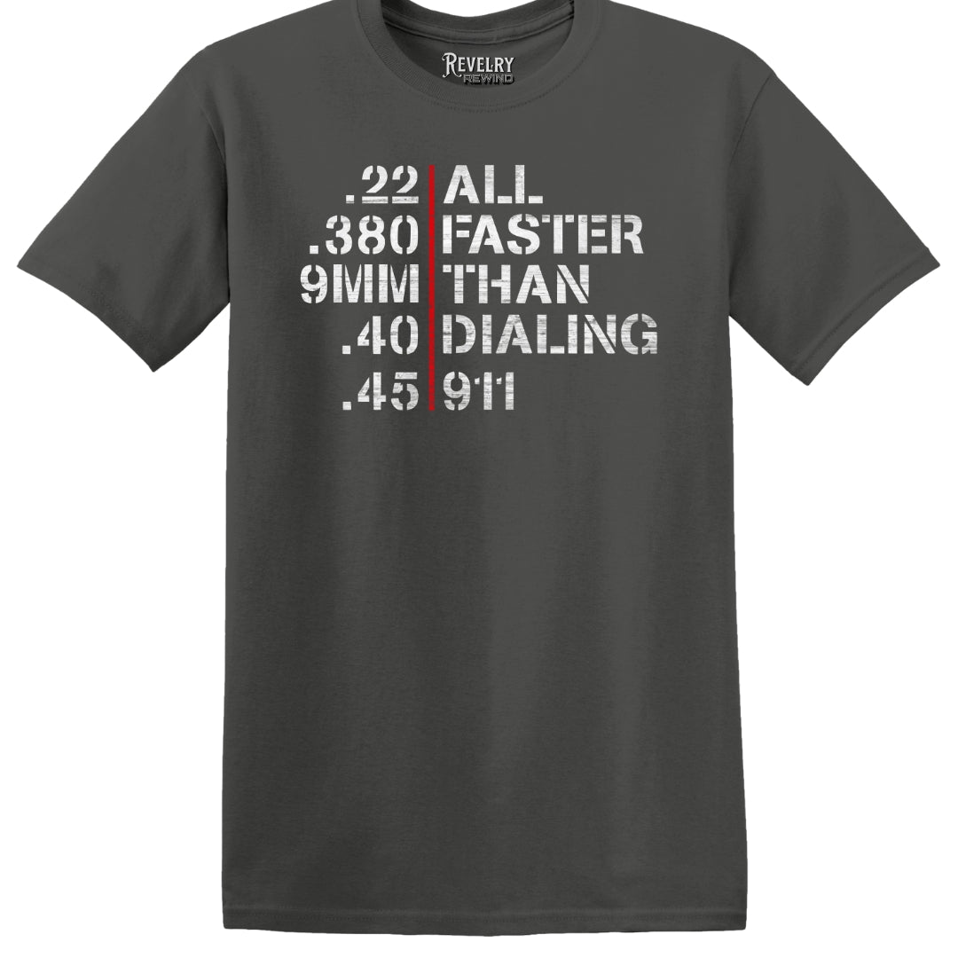 Flat lay of Faster Than 911 design on charcoal t-shirt