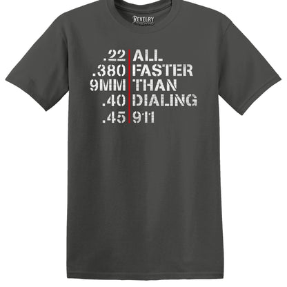 Flat lay of Faster Than 911 design on charcoal t-shirt