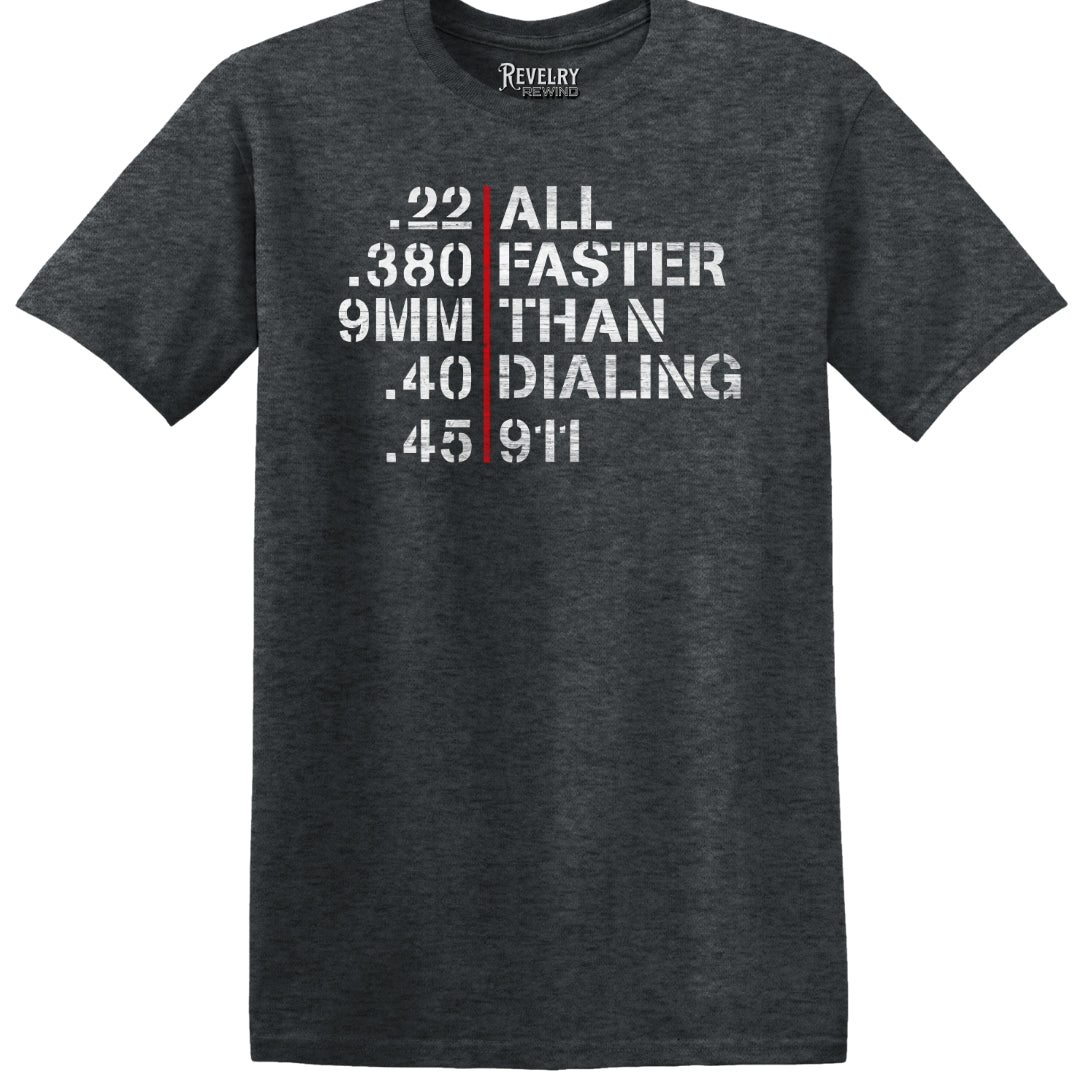 Flat lay of Faster Than 911 design on dark heather t-shirt