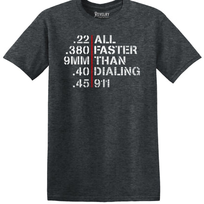 Flat lay of Faster Than 911 design on dark heather t-shirt