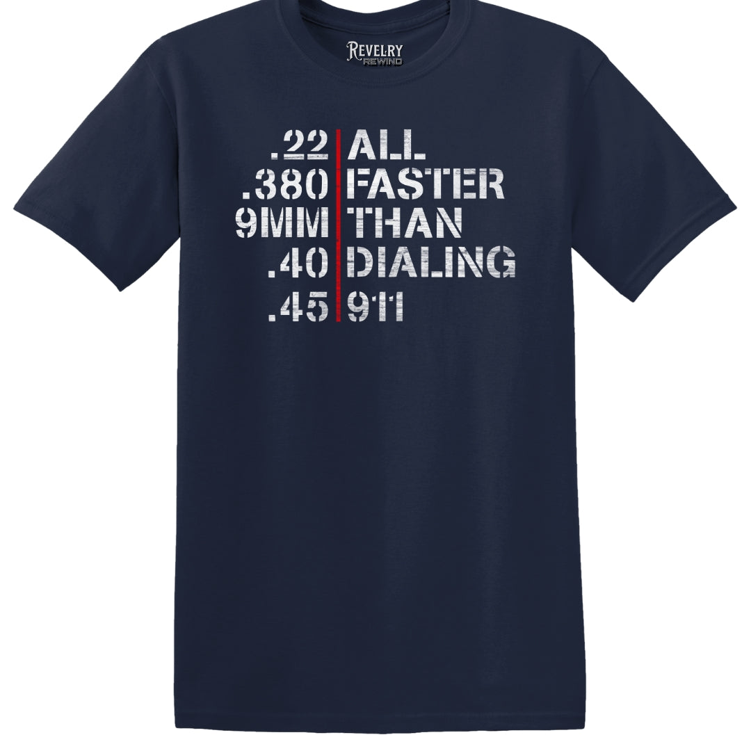 Flat lay of Faster Than 911 design on navy t-shirt