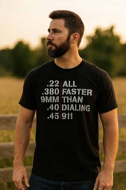 Man wearing Faster Than 911 shirt in realistic setting