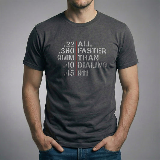 Man wearing Faster Than Dialing 911 T-shirt in dark heather studio pose