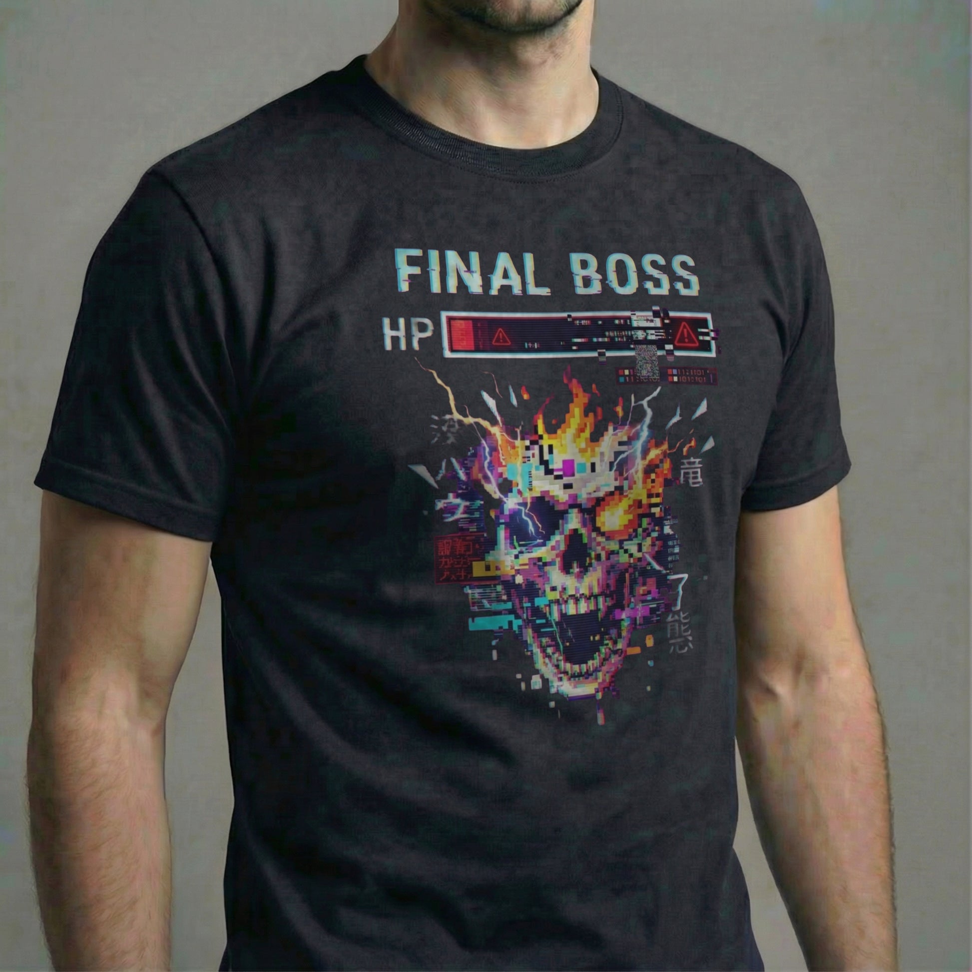 Final Boss glitch skull video game boss t-shirt on black background